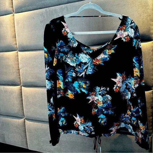 Rory Beca Tops - RORY BECA women's 100% silk black floral drawstring long sleeve blouse